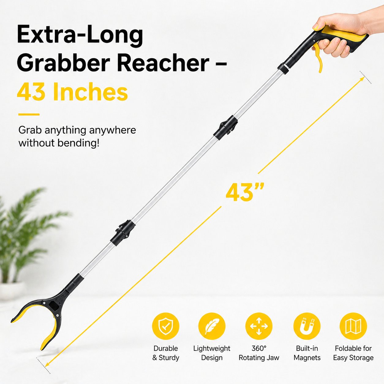 ⭐⭐⭐⭐⭐43" Extra Long Grabber Reacher Tool – Heavy Duty with 360° Rotating Jaw & Magnets