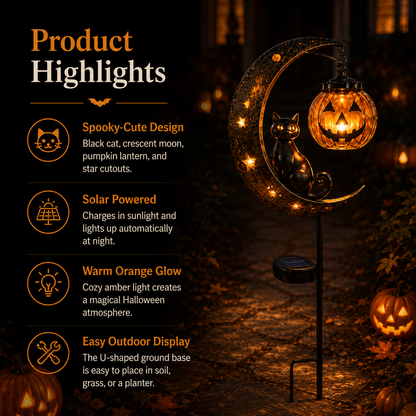 🔥 Get Ready for Spooky Season 🎃 Solar Black Cat Moon Pumpkin Outdoor stake Light ✨