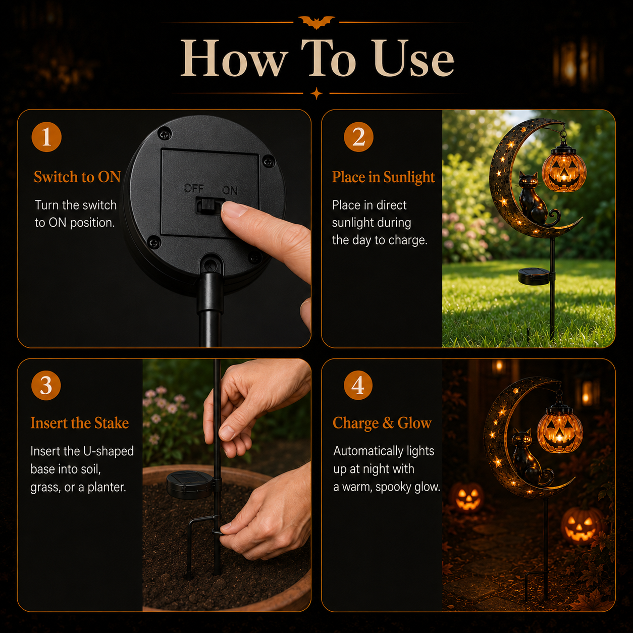 🔥 Get Ready for Spooky Season 🎃 Solar Black Cat Moon Pumpkin Outdoor stake Light ✨